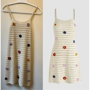 Cider Women's  S/M Knit Floral Crochet Hollow Out Short Y2K DressScoop Neck EUC